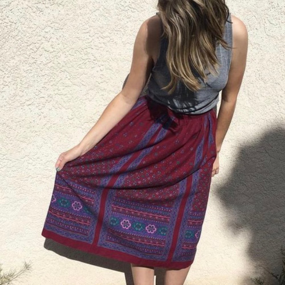 Vintage maroon wine scarlet peasant skirt cottage core